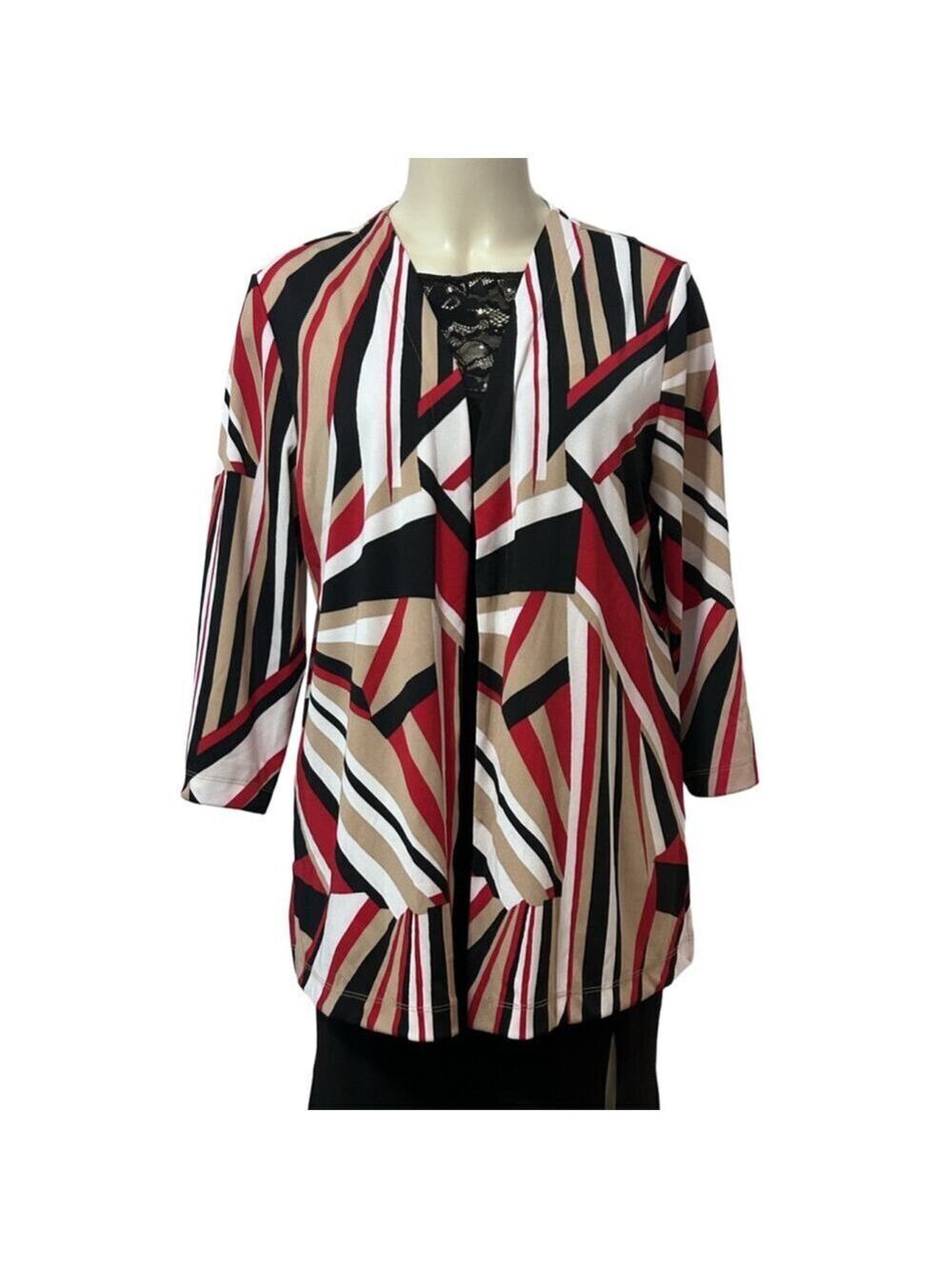 Chico’s Easywear Women’s Open Front Cardigan Size 2 L Geometric Print 3/4 Sleeve